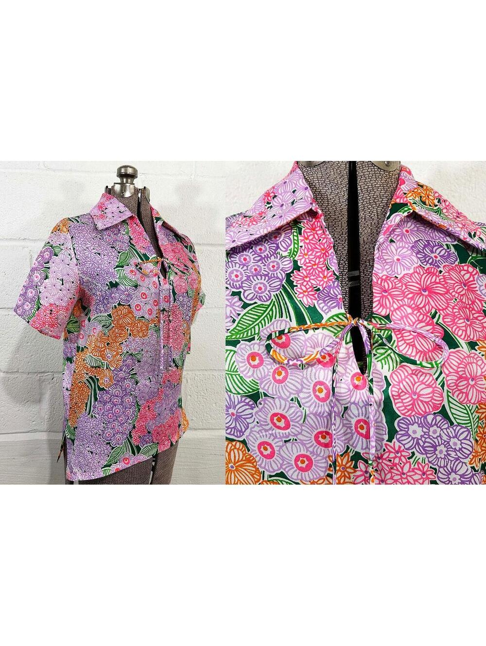 70s Floral Top Pink Purple Tie Neck Medium